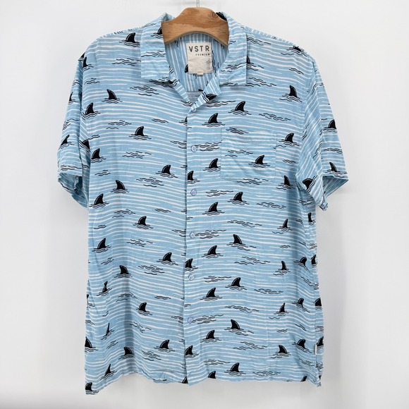 VSTR Premium Mens XL Shark Fin Stripe Button Up Shirt Blue Short Sleeve Viscose - Picture 7 of 12
